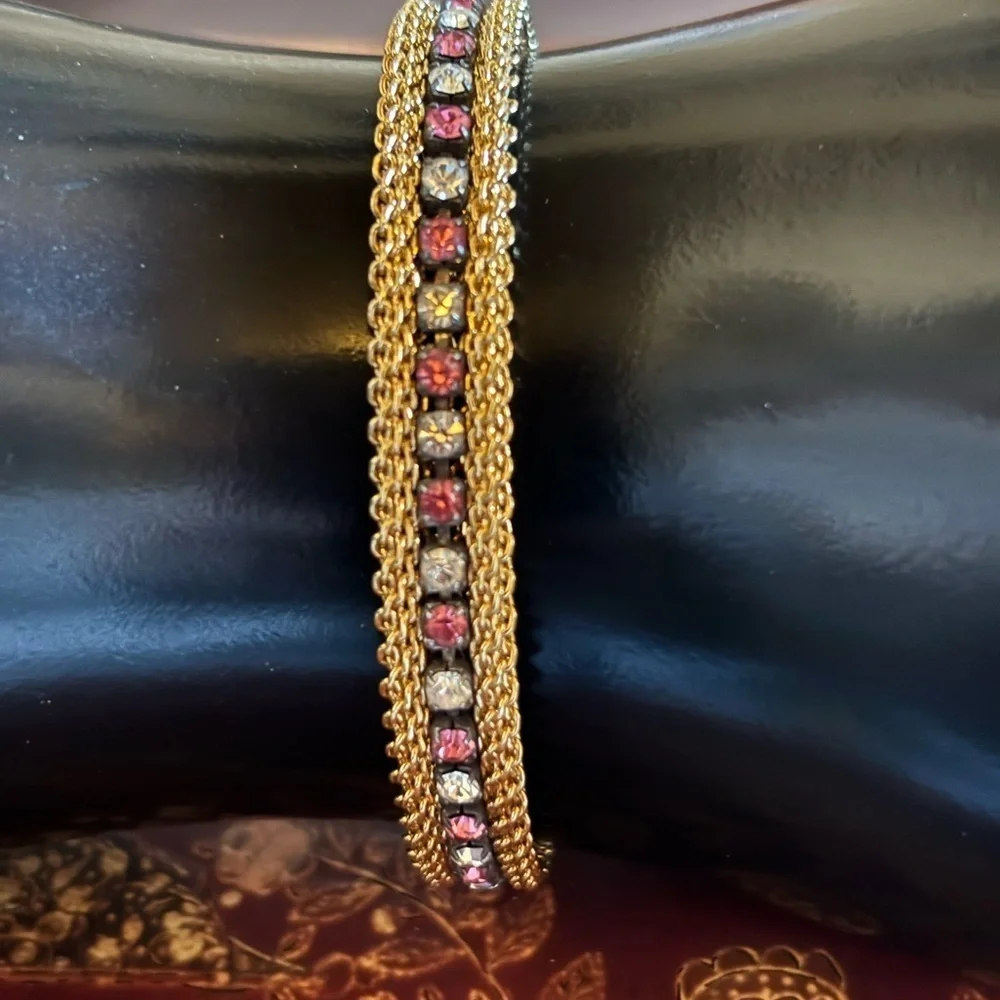 Vintage Goldtone Rope Chain Red Clear Rhinestone Bracelet 6”